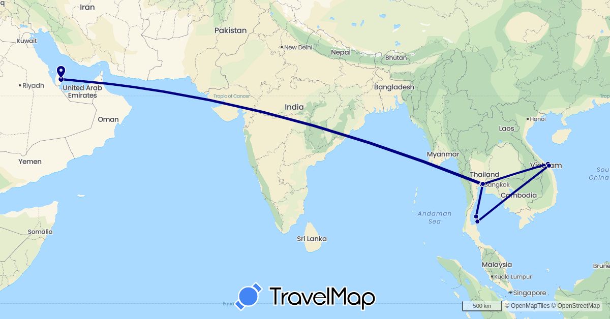 TravelMap itinerary: driving in Qatar, Thailand, Vietnam (Asia)